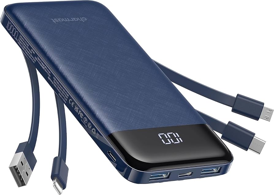 Navy blue portable power bank with built-in charging cables and digital LED display showing battery percentage