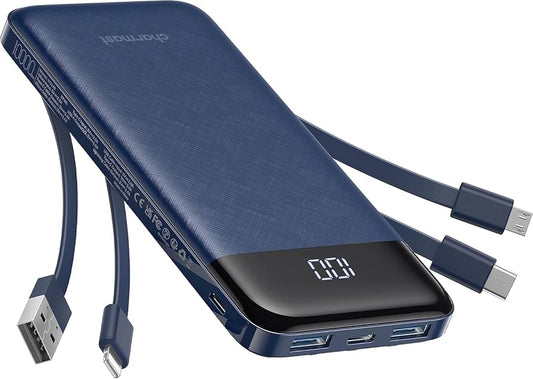 Navy blue portable power bank with built-in charging cables and digital LED display showing battery percentage