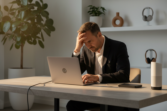 Professional working at modern desk with disconnected laptop power cord, illustrating productivity loss from power problems