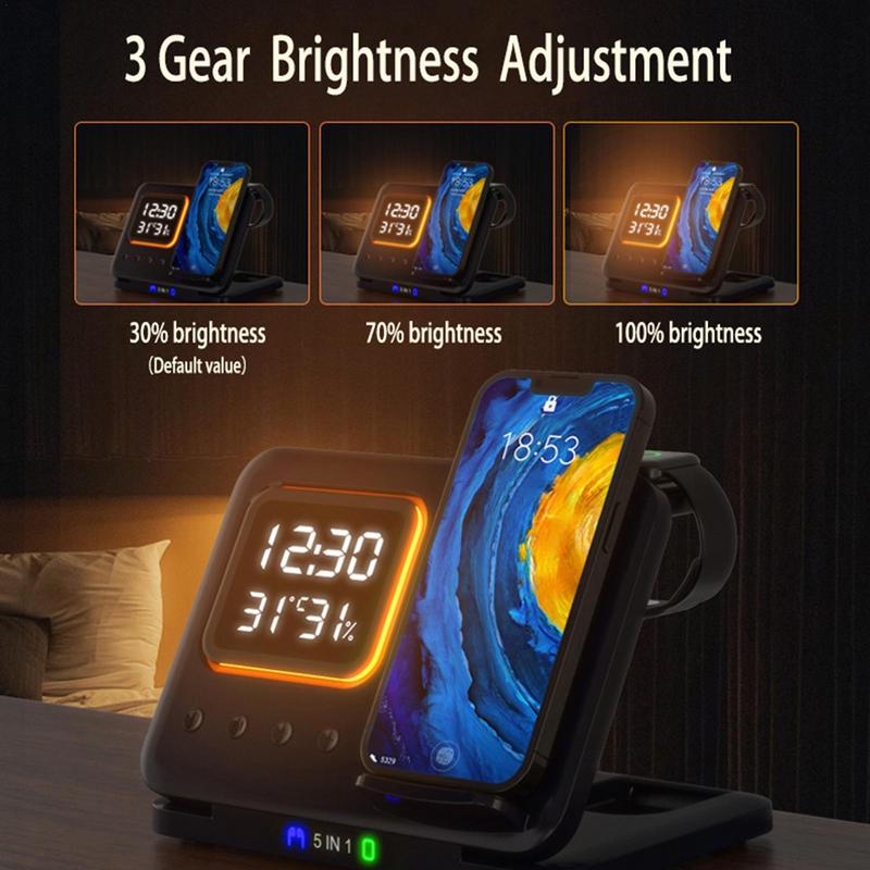 5-in-1 Wireless Charging Station with LED Alarm Clock - 15W Fast Charge Dock