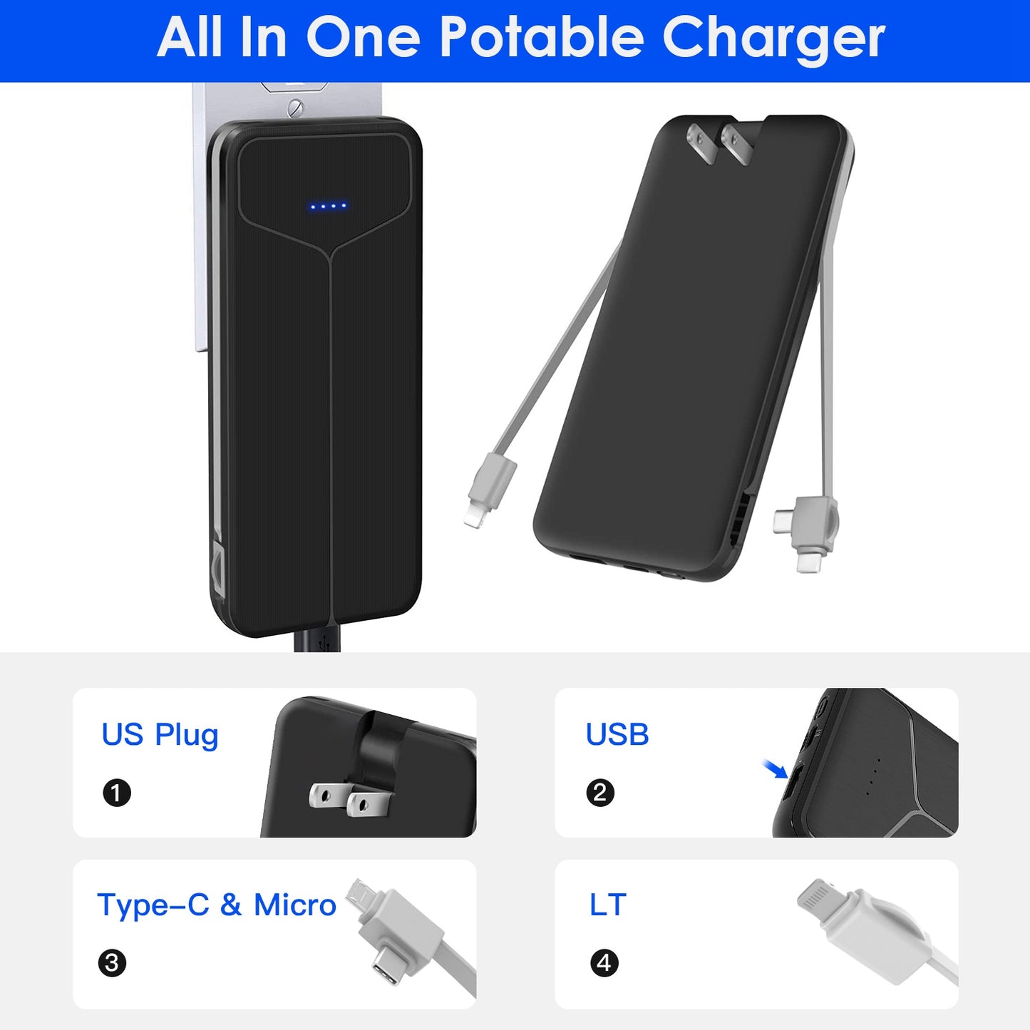 10000mAh Power Bank with Built-in Cables & US Plug