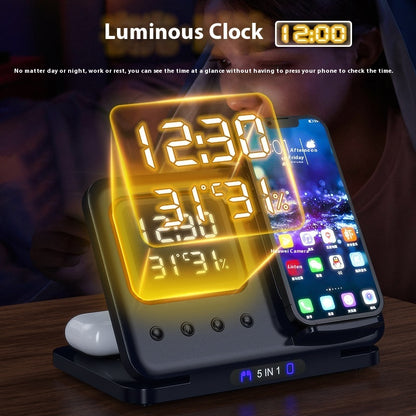 5-in-1 Wireless Charging Station with LED Alarm Clock - 15W Fast Charge Dock