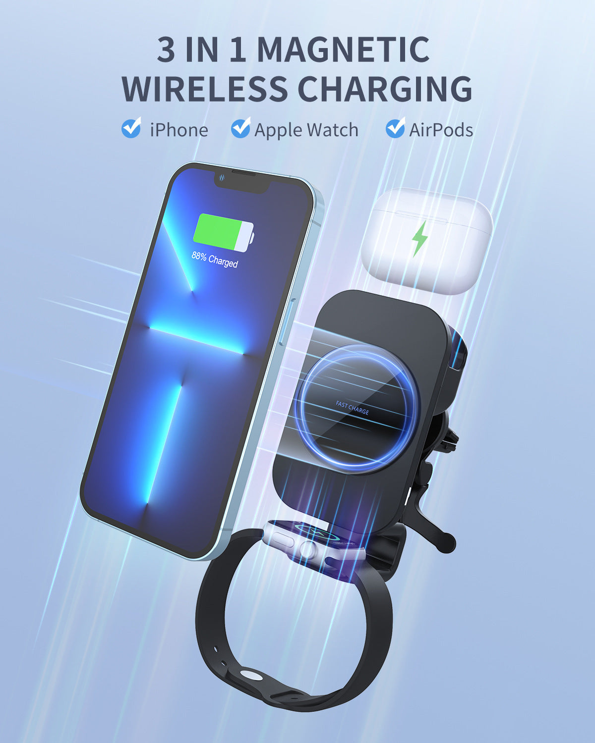 S6 Magnetic Three-in-one Car Wireless Charger