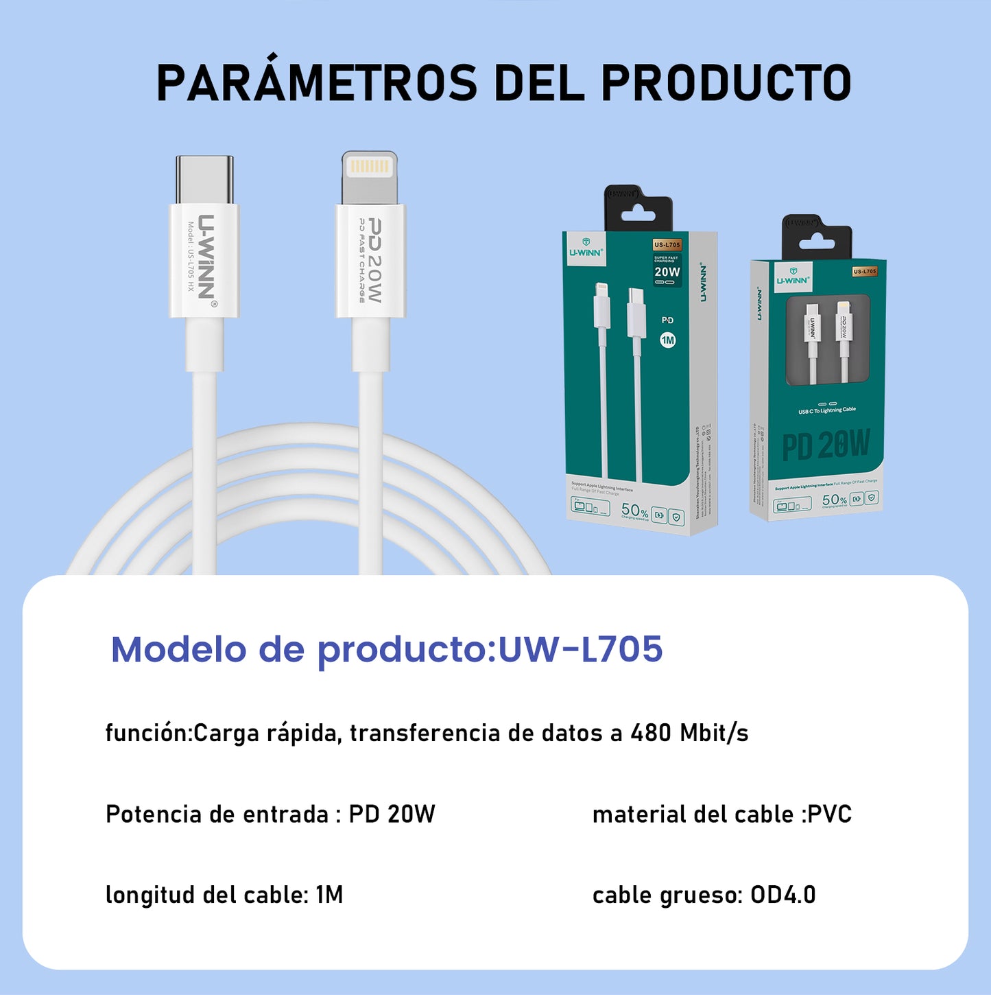 UWINN 20W USB-C to Lightning Cable - 1M White