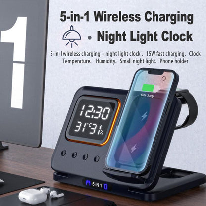 5-in-1 Wireless Charging Station with LED Alarm Clock - 15W Fast Charge Dock