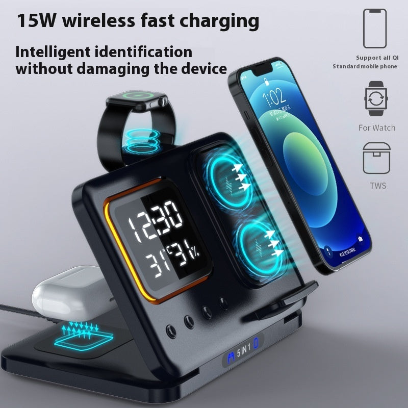 5-in-1 Wireless Charging Station with LED Alarm Clock - 15W Fast Charge Dock