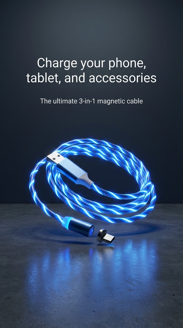3-in-1 Magnetic LED Charging Cable - USB-C, Lightning, Micro USB