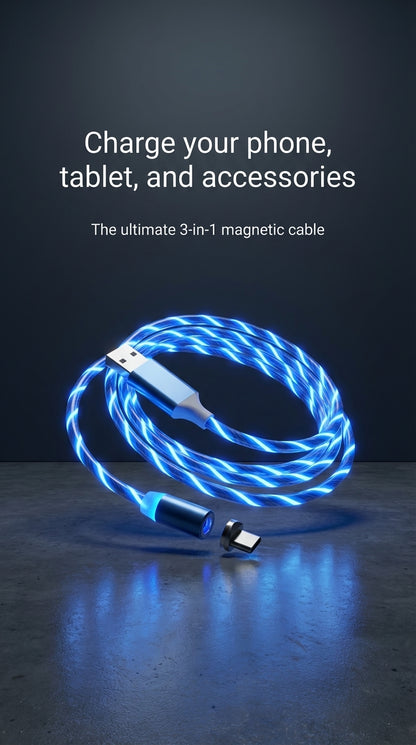 3-in-1 Magnetic LED Charging Cable - USB-C, Lightning, Micro USB