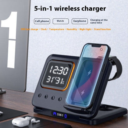 5-in-1 Wireless Charging Station with LED Alarm Clock - 15W Fast Charge Dock